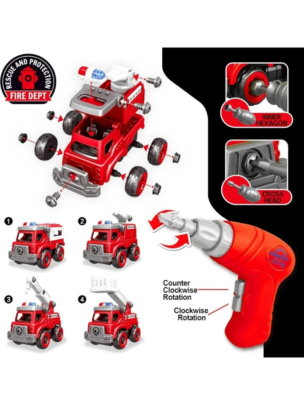 4-in-1 DIY Take Apart Fire Truck Toy with Electric Drill, STEM Building Set for